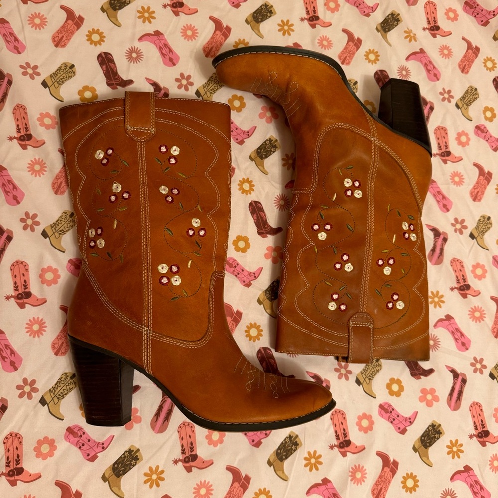 Seychelles Flower Embroidered Brown Leather Cowboy Boots